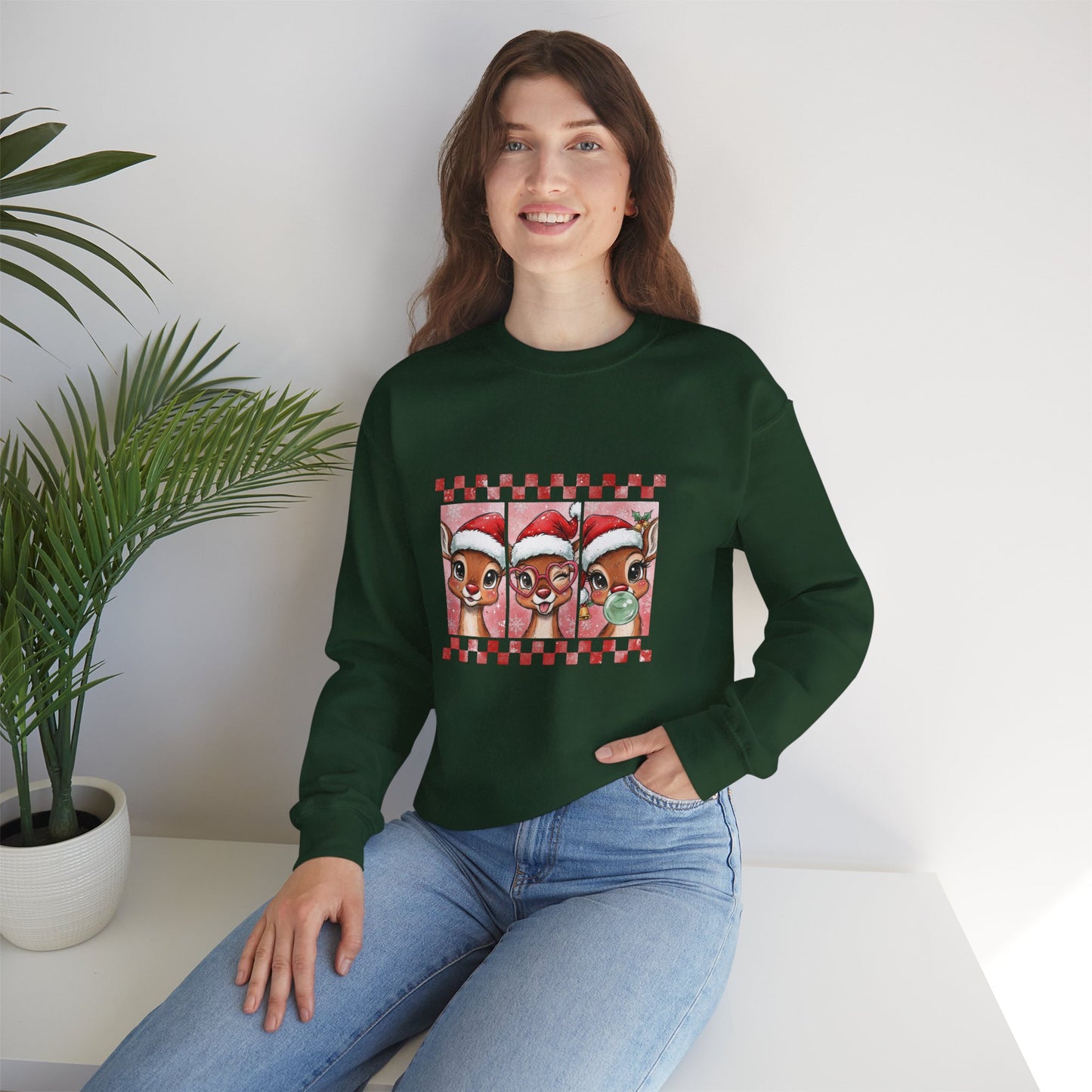 Christmas Reindeer Trio Crewneck Sweatshirt – Cute Santa Hat Holiday Sweater Printify