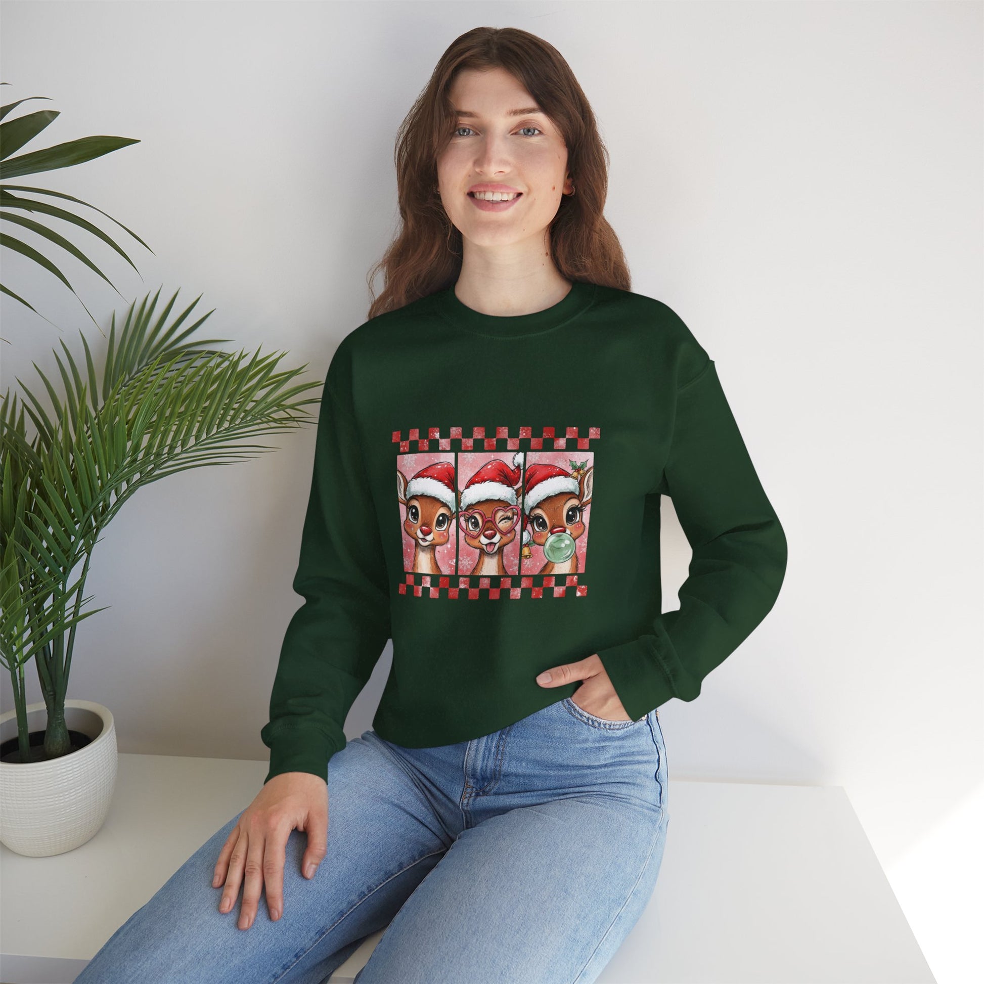 Christmas Reindeer Trio Crewneck Sweatshirt – Cute Santa Hat Holiday Sweater Printify