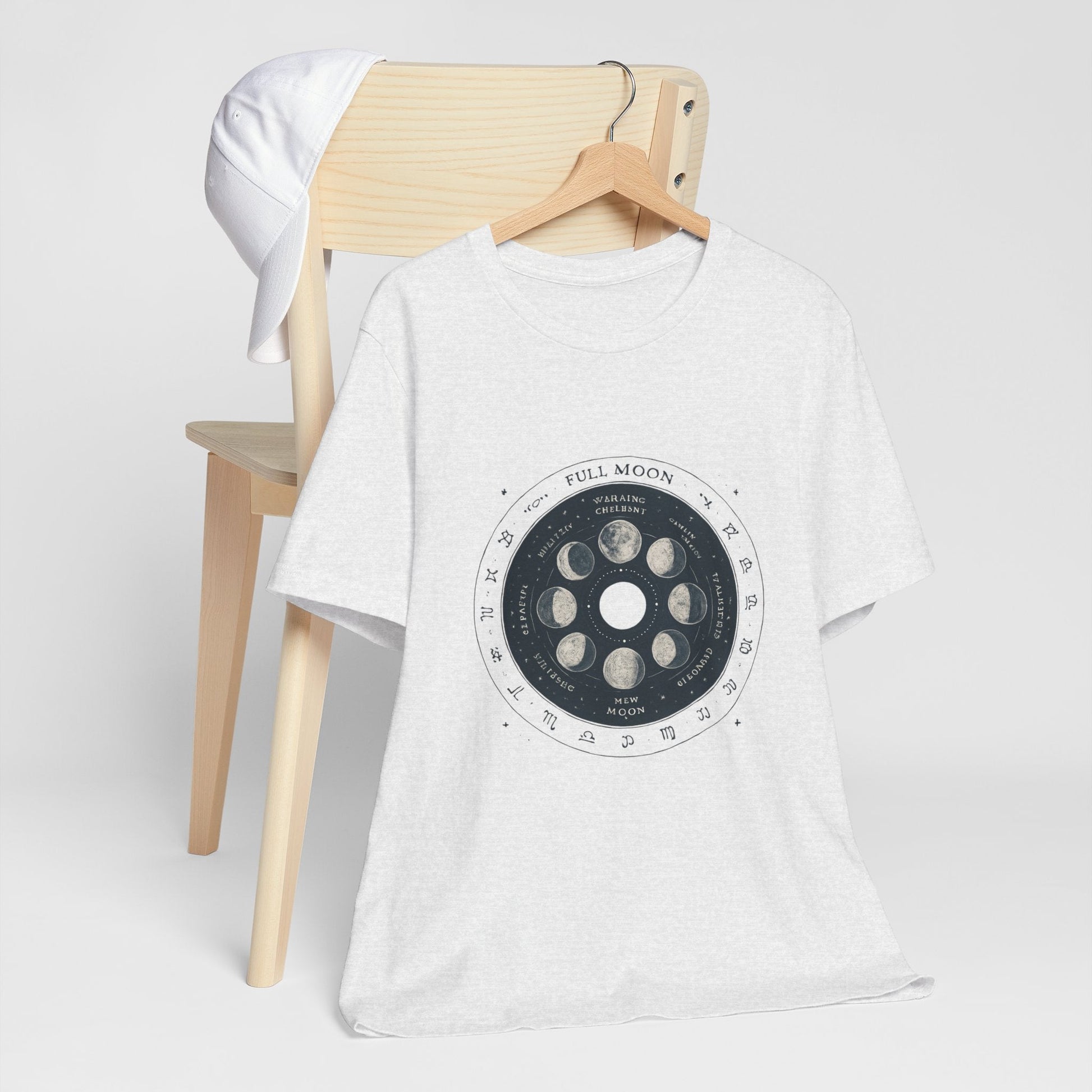 Moon Phases T-Shirt — Illustrated Lunar Cycle Tee (Full Moon, New Moon & Zodiac Icons) Printify