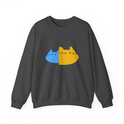 Cat Split Face Crewneck Sweatshirt – Cute Blue & Yellow Cat Graphic Printify
