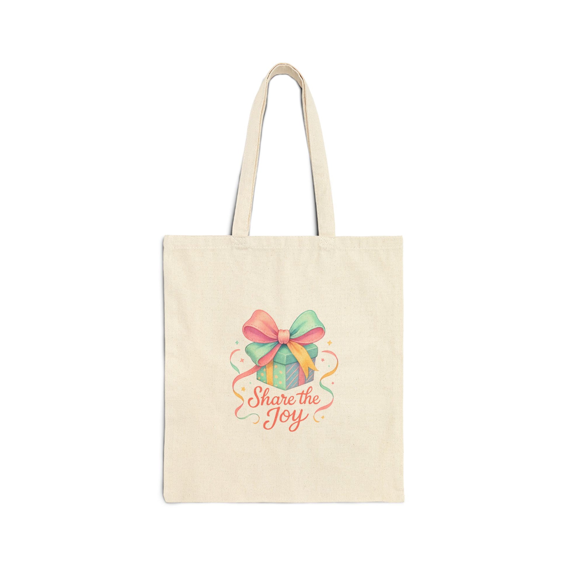Share the Joy Tote Bag — Colorful Gift Bow Tote for Holiday & Gift Giving Printify