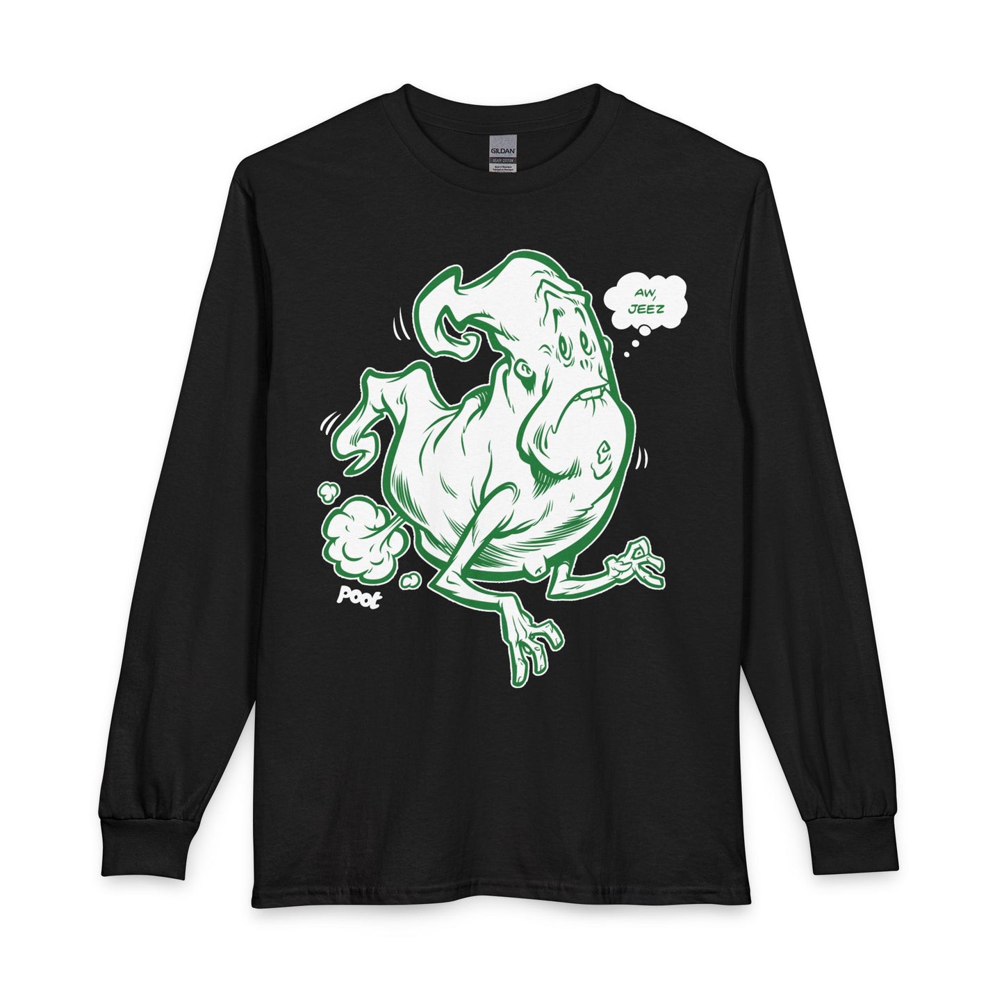 Ghostly Sneeze Long Sleeve T-Shirt — Playful Green Cartoon Spirit Design Printify
