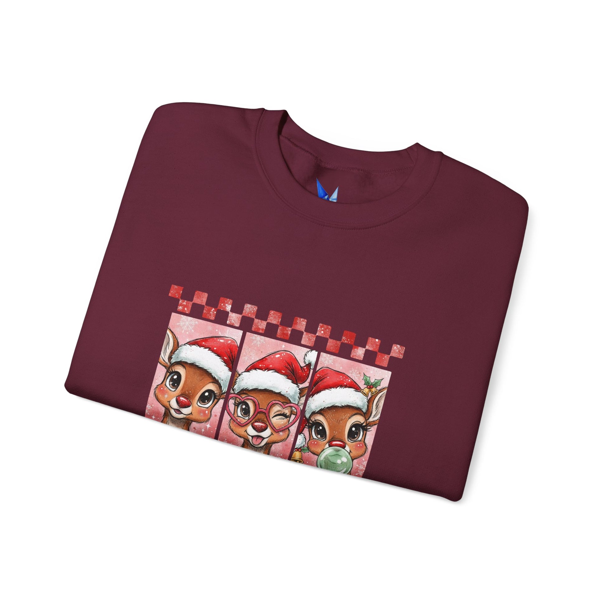 Christmas Reindeer Trio Crewneck Sweatshirt – Cute Santa Hat Holiday Sweater Printify