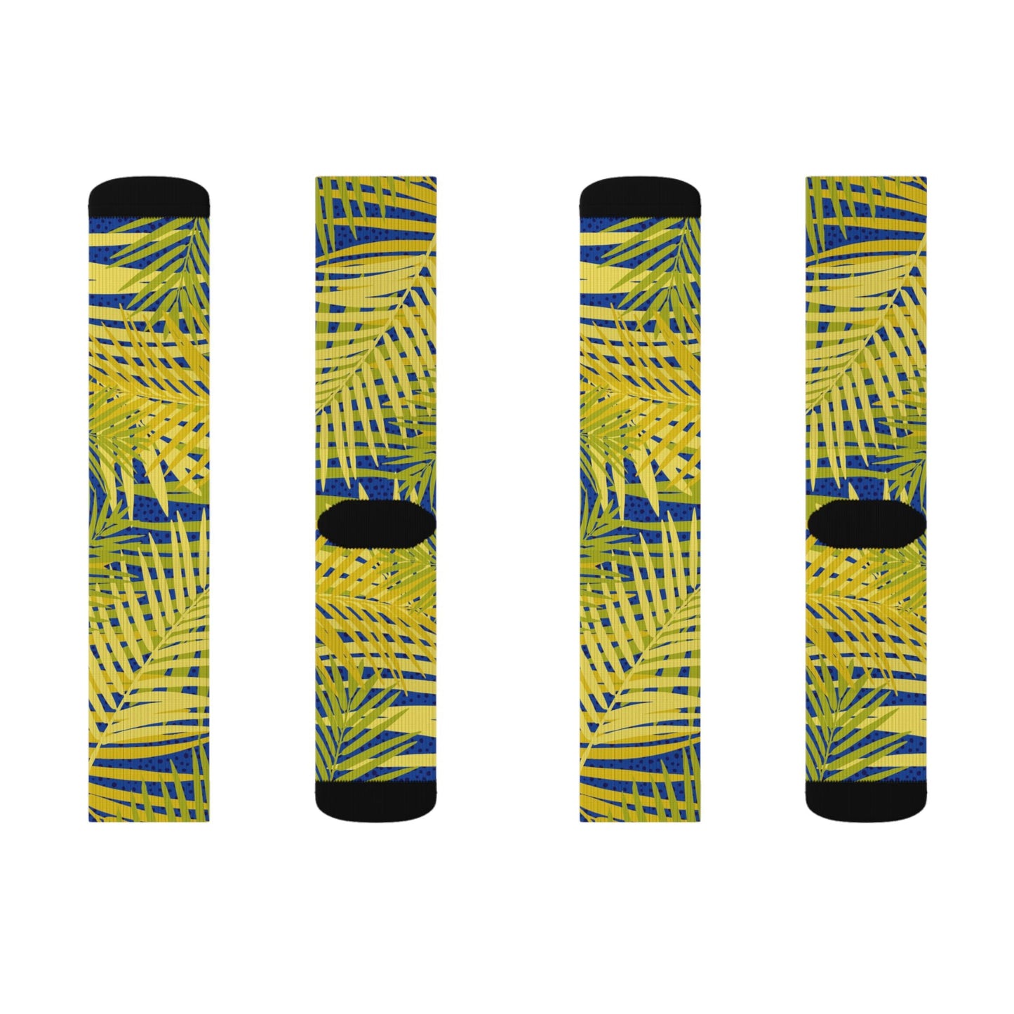 Tropical Palm Pattern Sublimation Socks — Yellow & Navy Leaf Crew Socks Printify