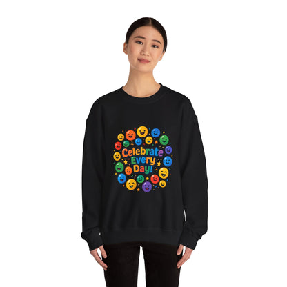 Celebrate Every Day Crewneck Sweatshirt — Rainbow Smiley Graphic Printify