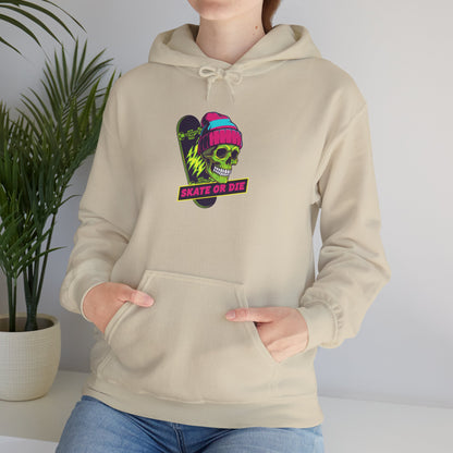 Skate or Die Skull Skateboard Hoodie — Neon Retro Skull Beanie Design Printify