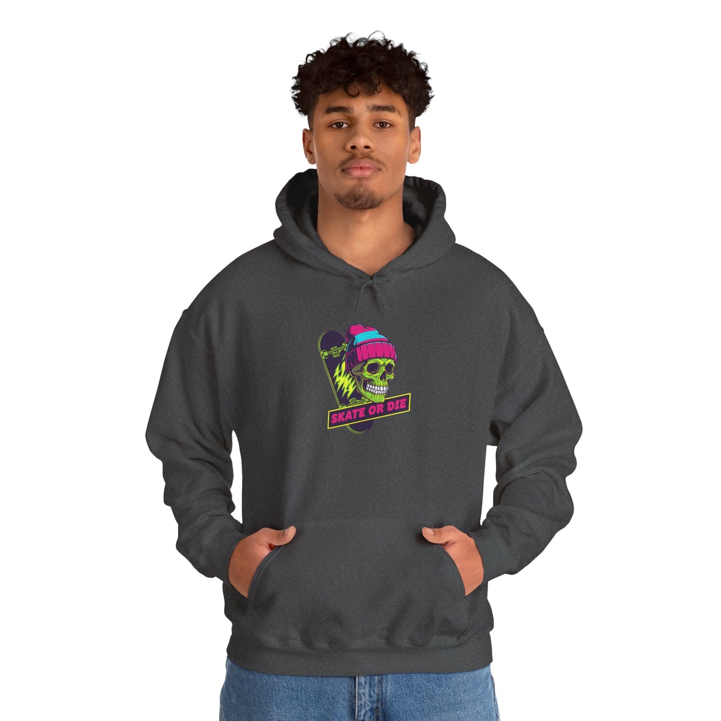 Skate or Die Skull Skateboard Hoodie — Neon Retro Skull Beanie Design Printify