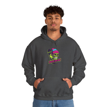 Skate or Die Skull Skateboard Hoodie — Neon Retro Skull Beanie Design Printify