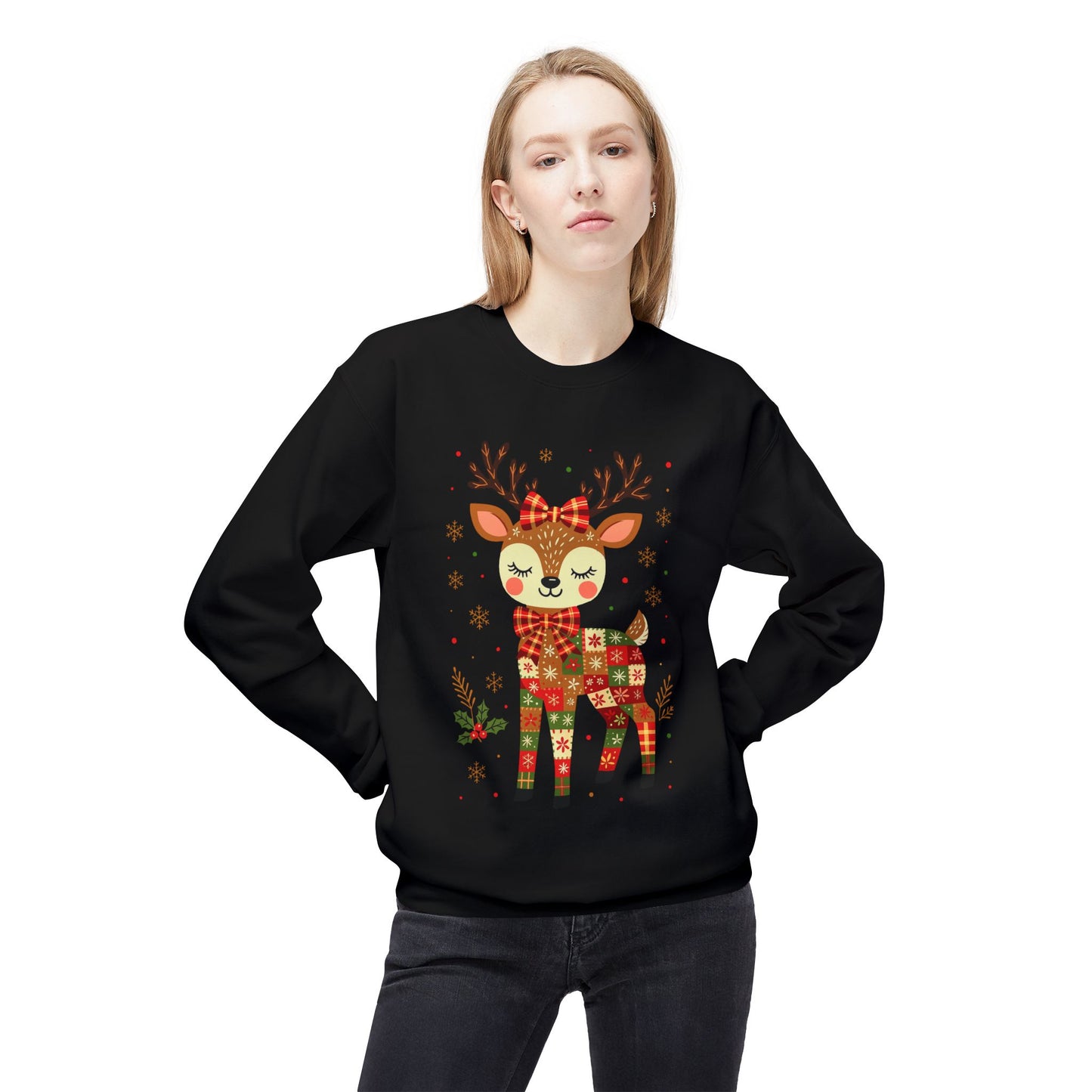 Christmas Patchwork Reindeer Sweatshirt Printify