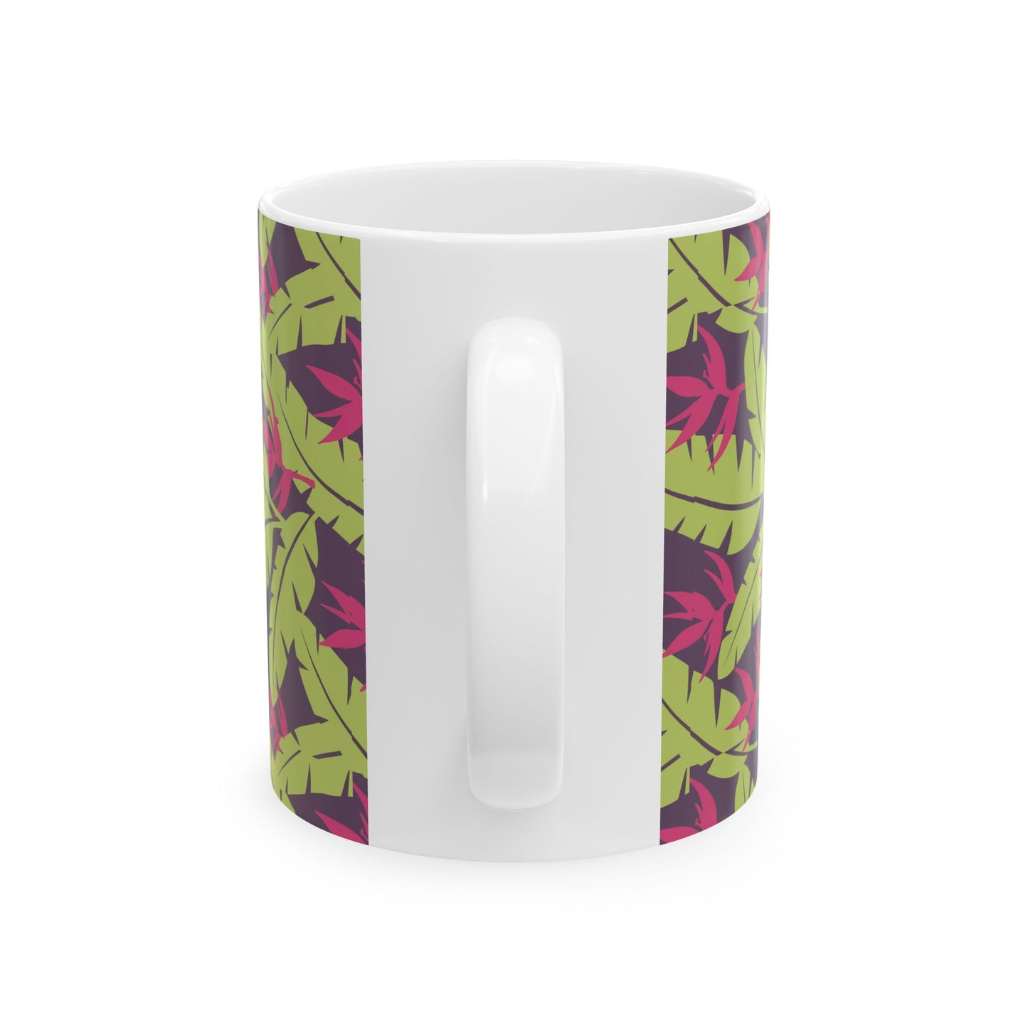 Tropical Leaf Pattern Ceramic Mug — Green & Pink Botanical Coffee Cup (11oz/15oz) Printify