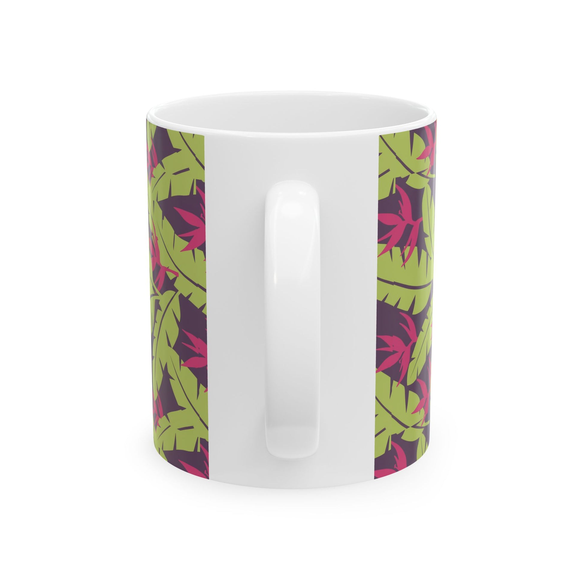 Tropical Leaf Pattern Ceramic Mug — Green & Pink Botanical Coffee Cup (11oz/15oz) Printify