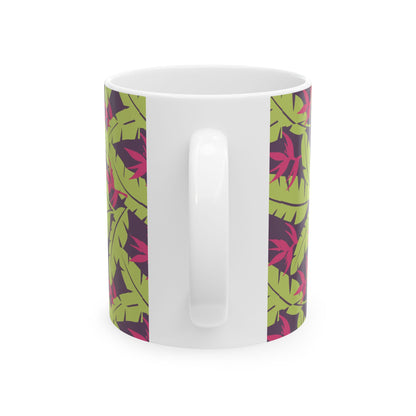 Tropical Leaf Pattern Ceramic Mug — Green & Pink Botanical Coffee Cup (11oz/15oz) Printify