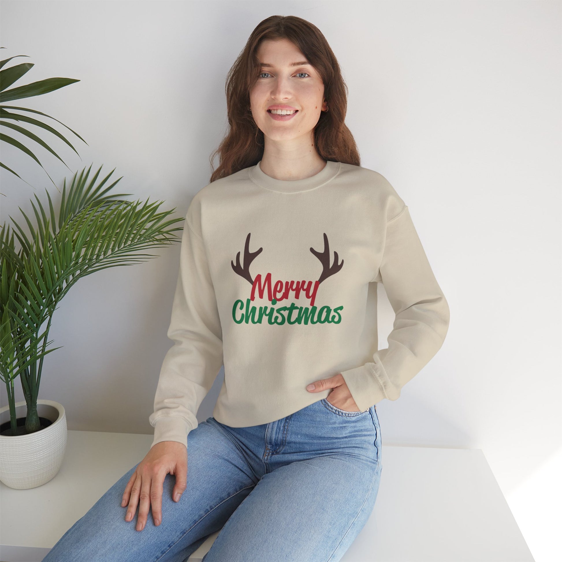 Merry Christmas Reindeer Antlers Crewneck Sweatshirt Printify