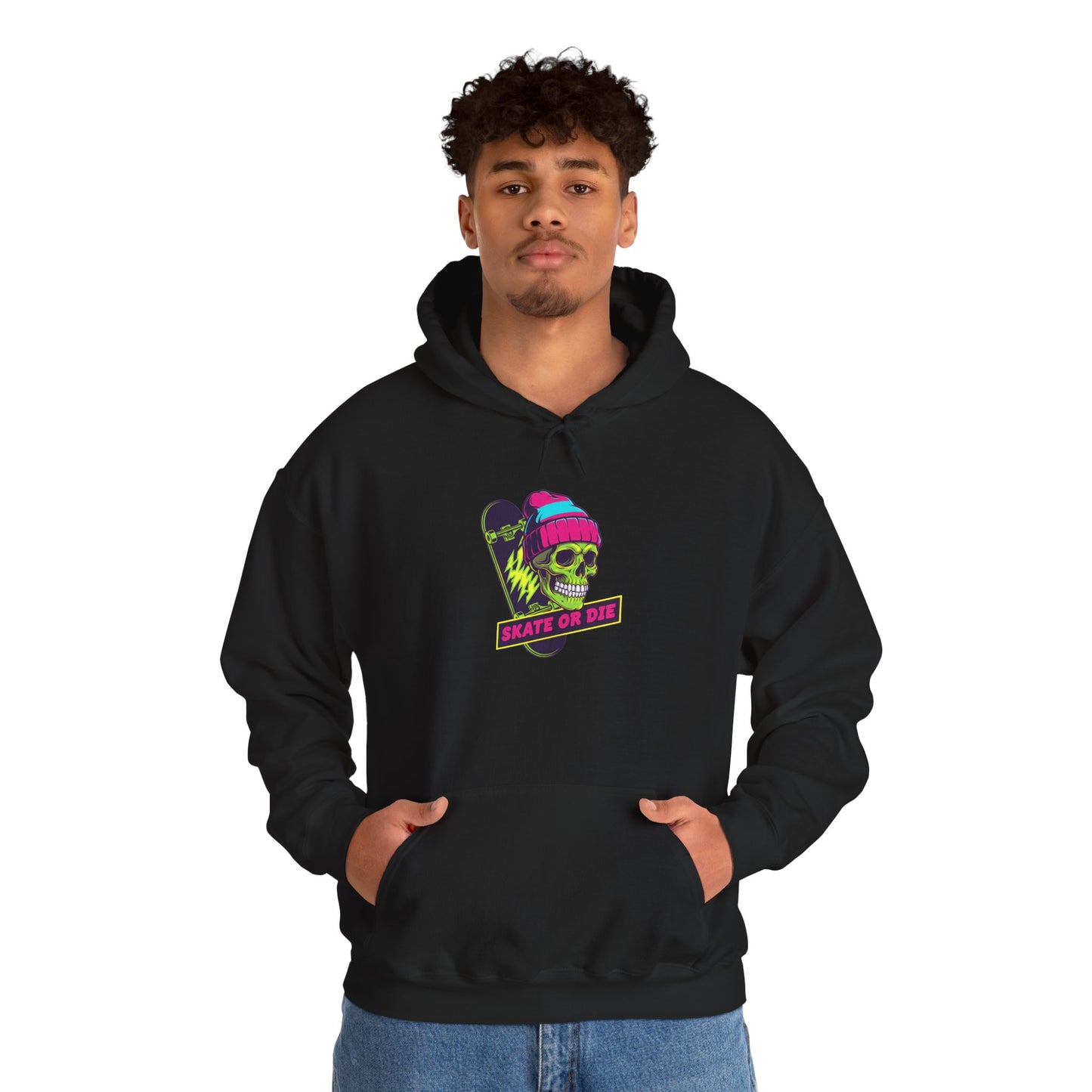 Skate or Die Skull Skateboard Hoodie — Neon Retro Skull Beanie Design Printify