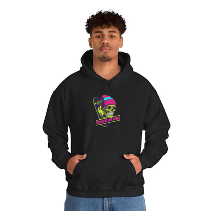 Skate or Die Skull Skateboard Hoodie — Neon Retro Skull Beanie Design Printify