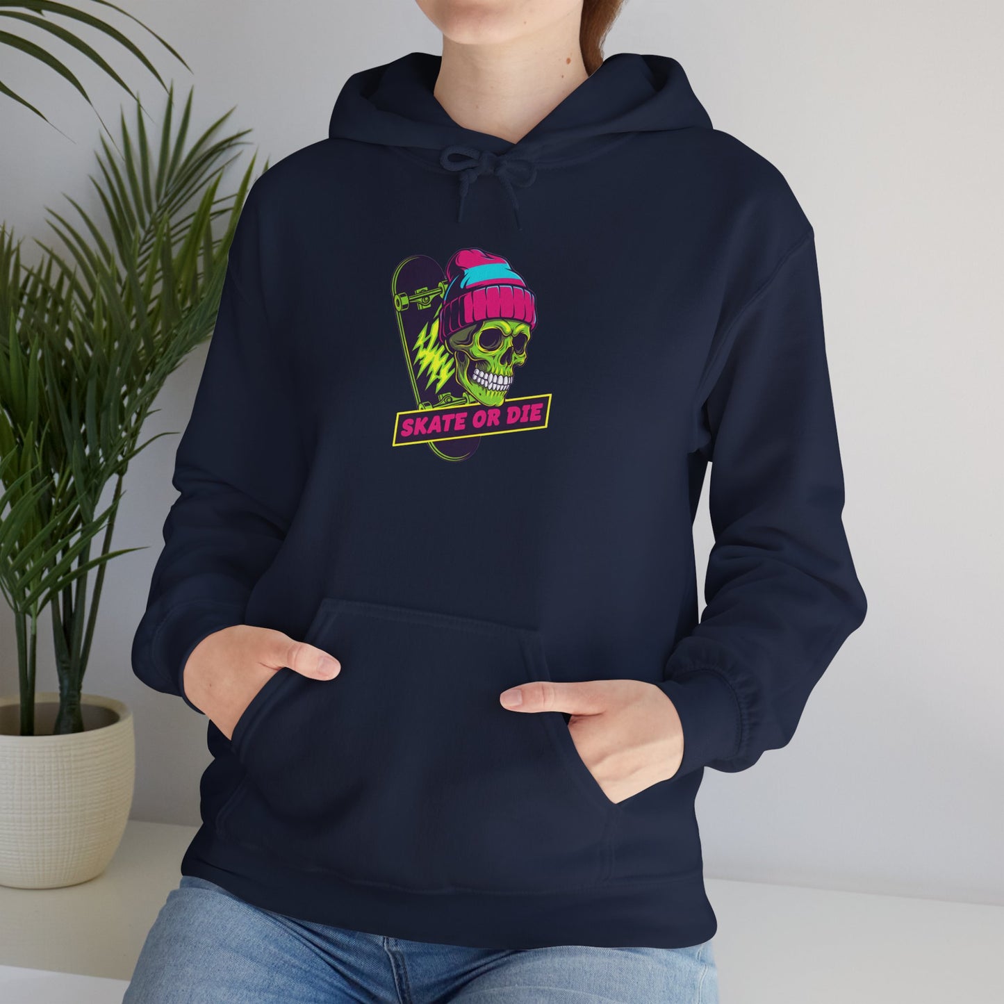 Skate or Die Skull Skateboard Hoodie — Neon Retro Skull Beanie Design Printify