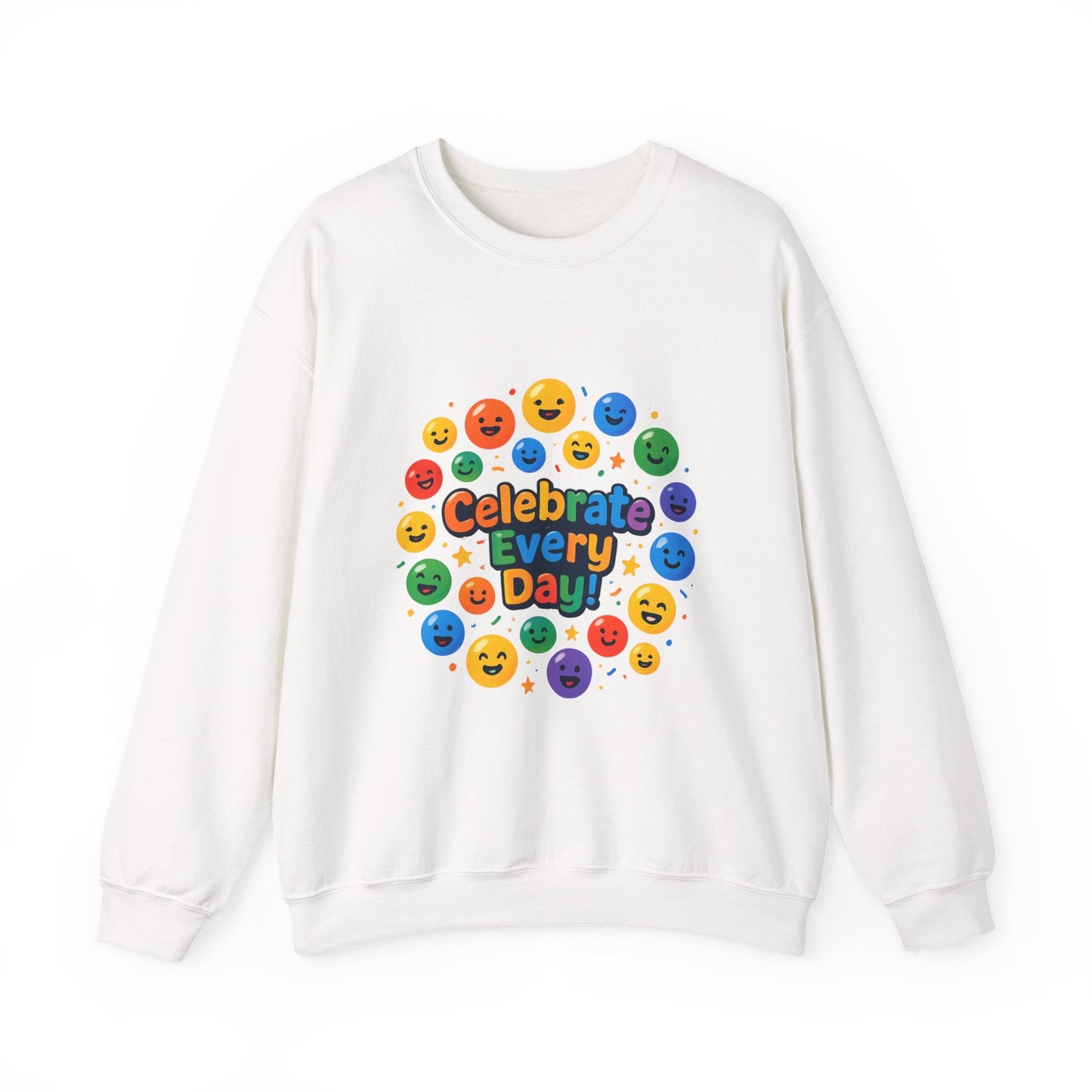 Celebrate Every Day Crewneck Sweatshirt — Rainbow Smiley Graphic Printify
