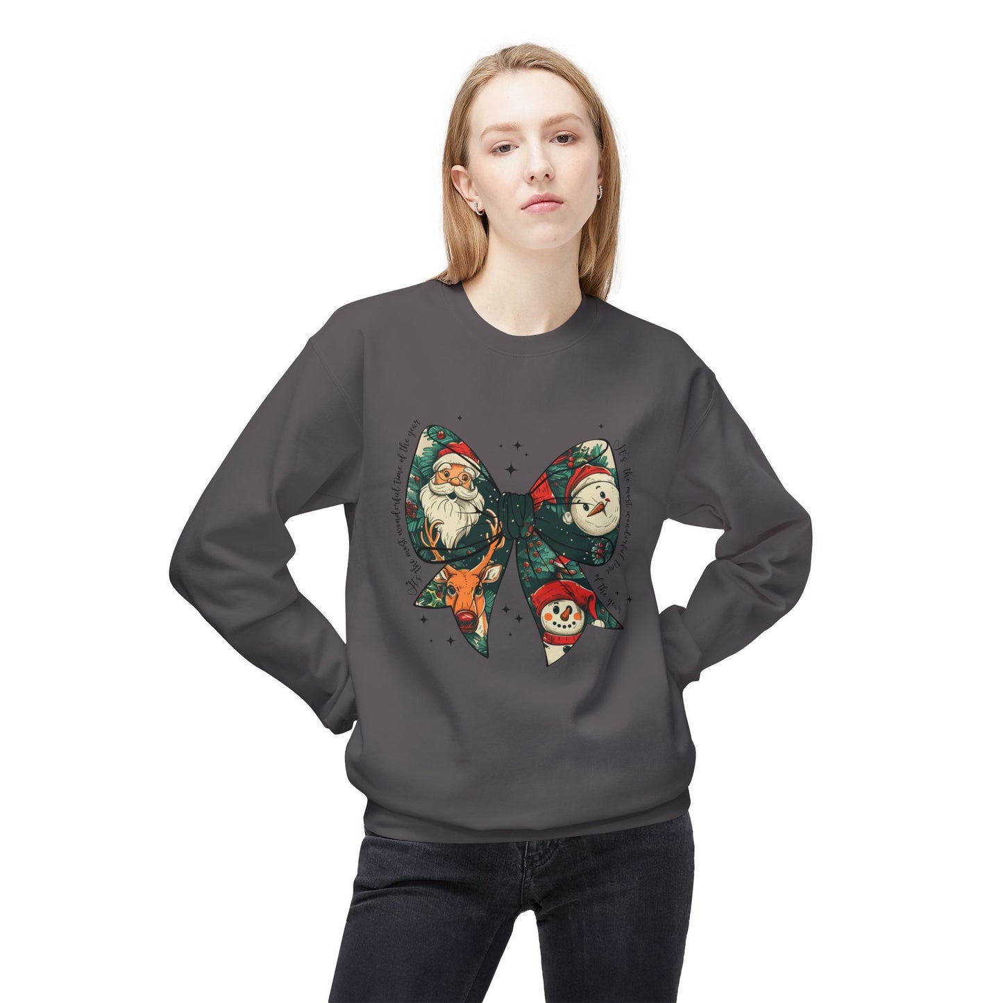 Christmas Bow Sweatshirt — Vintage Santa & Snowman Holiday Crewneck Printify