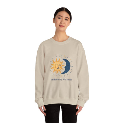 Sun and Moon Crewneck Sweatshirt — "In Harmony We Shine" Cozy Astrology Pullover Printify