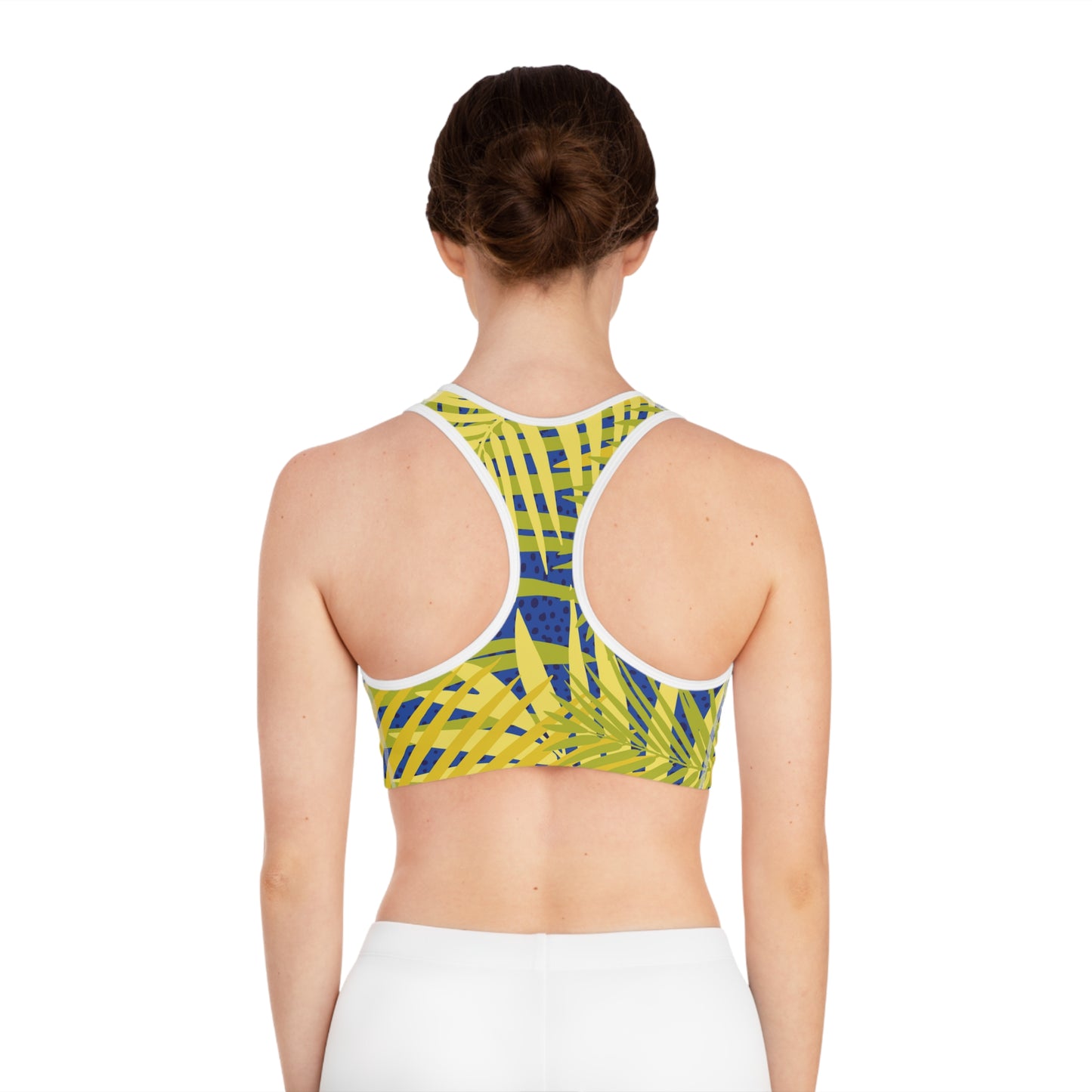 Tropical Palm Print Sports Bra — Yellow & Blue Active Crop Top Printify