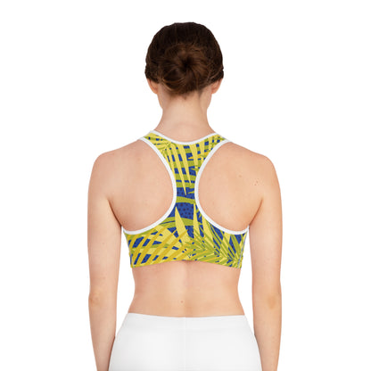 Tropical Palm Print Sports Bra — Yellow & Blue Active Crop Top Printify