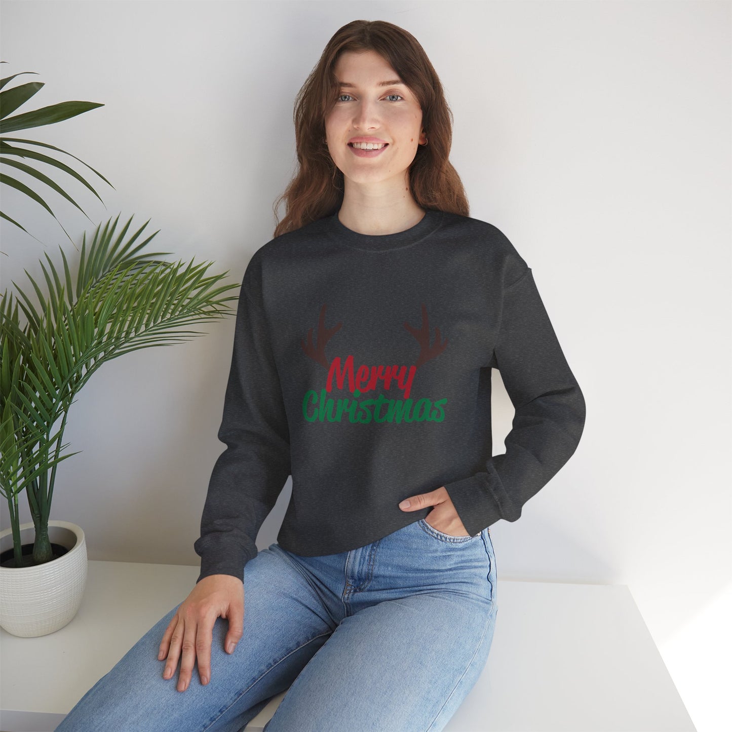 Merry Christmas Reindeer Antlers Crewneck Sweatshirt Printify
