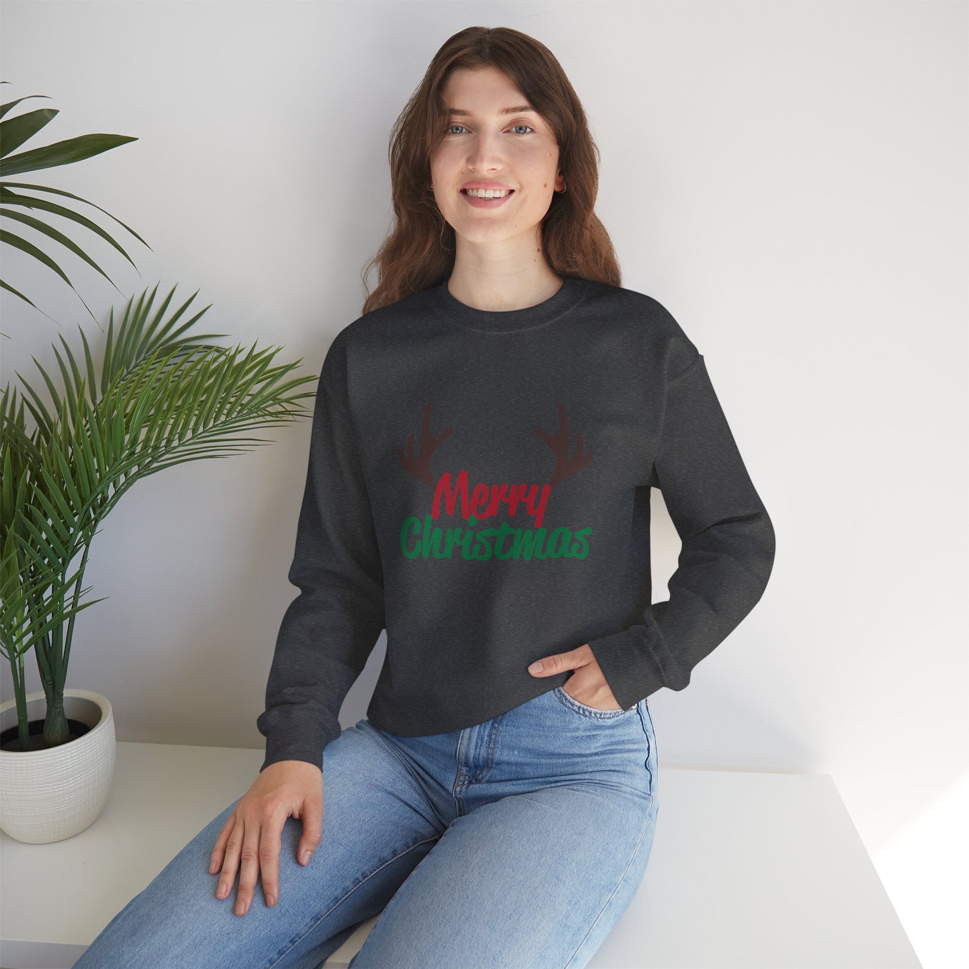 Merry Christmas Reindeer Antlers Crewneck Sweatshirt Printify