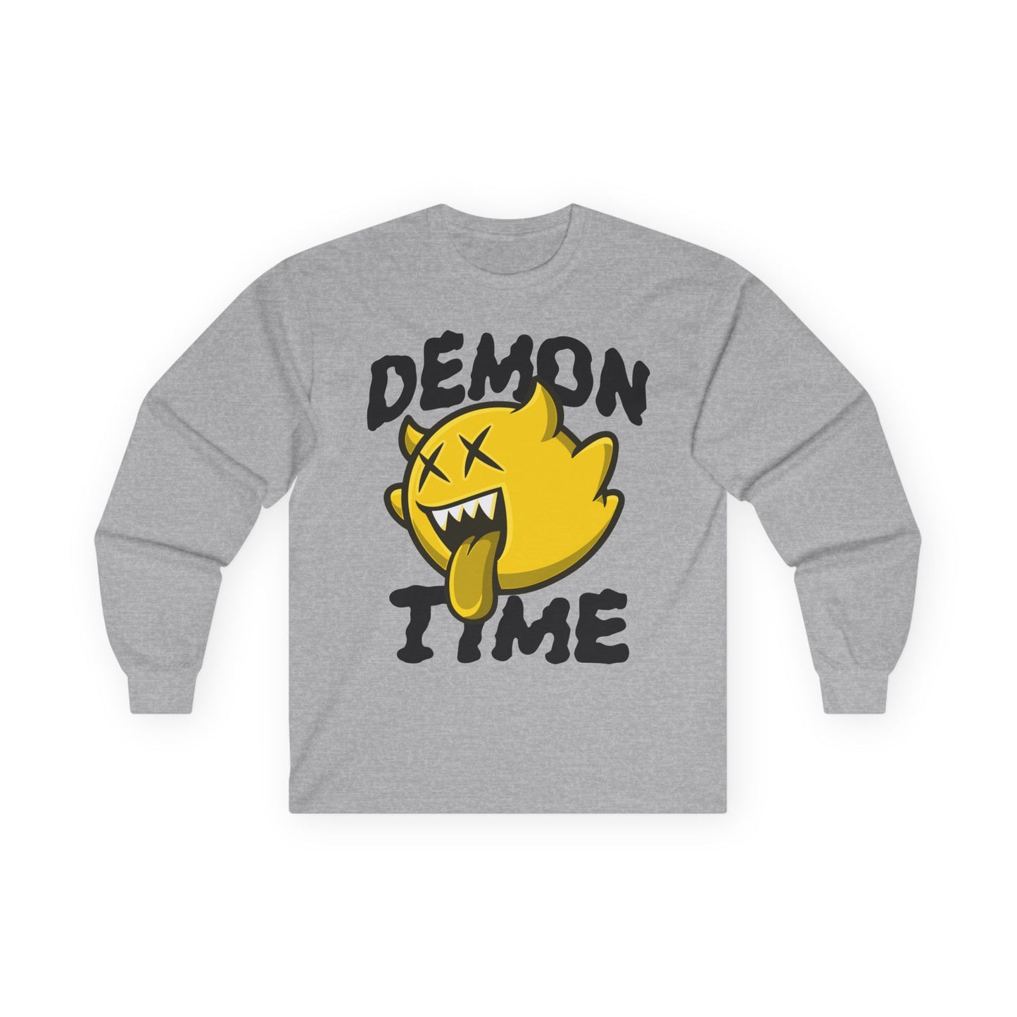 Long Sleeve Tee — "Demon Time" Yellow Cartoon Demon Graphic T-shirt Printify
