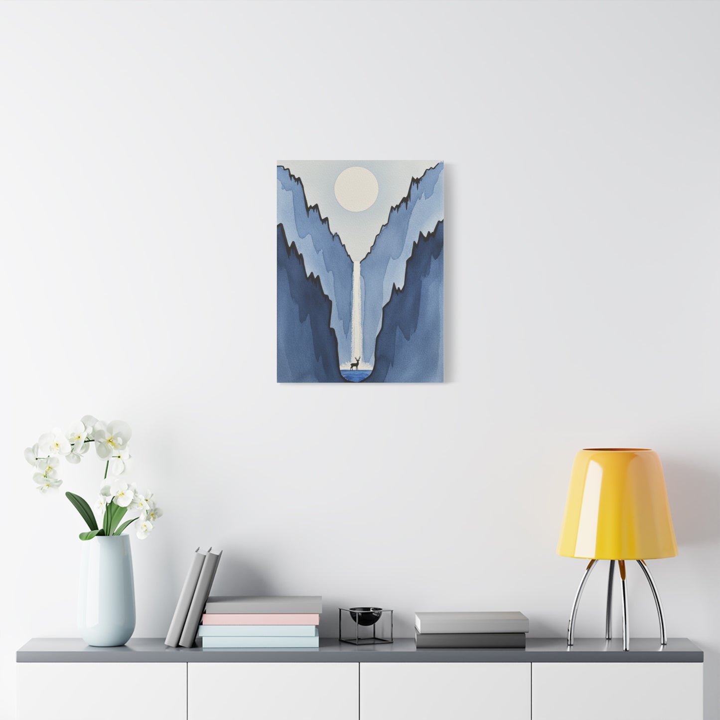 Blue Mountain Waterfall Canvas Print — Minimalist Deer Landscape Wall Art Printify
