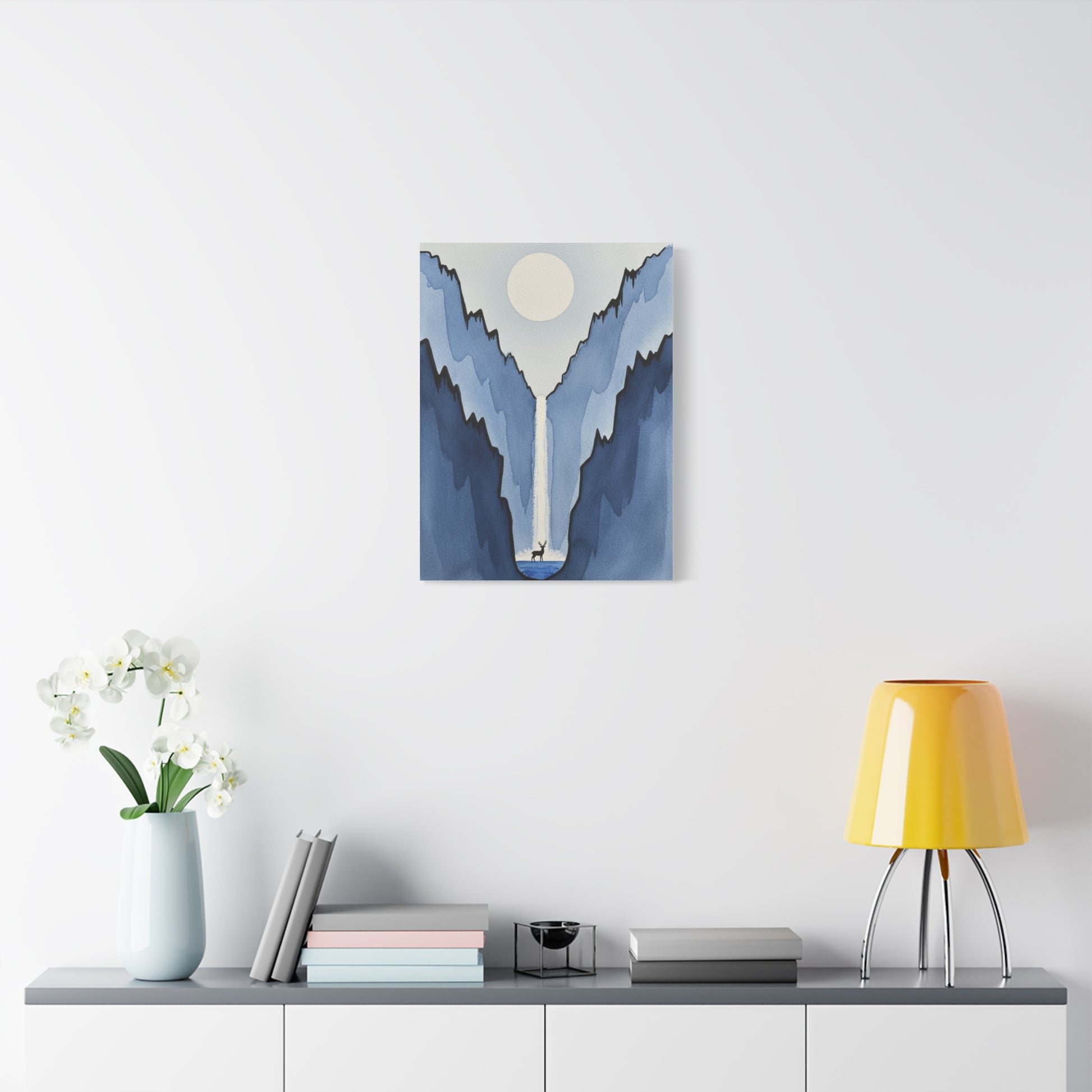 Blue Mountain Waterfall Canvas Print — Minimalist Deer Landscape Wall Art Printify