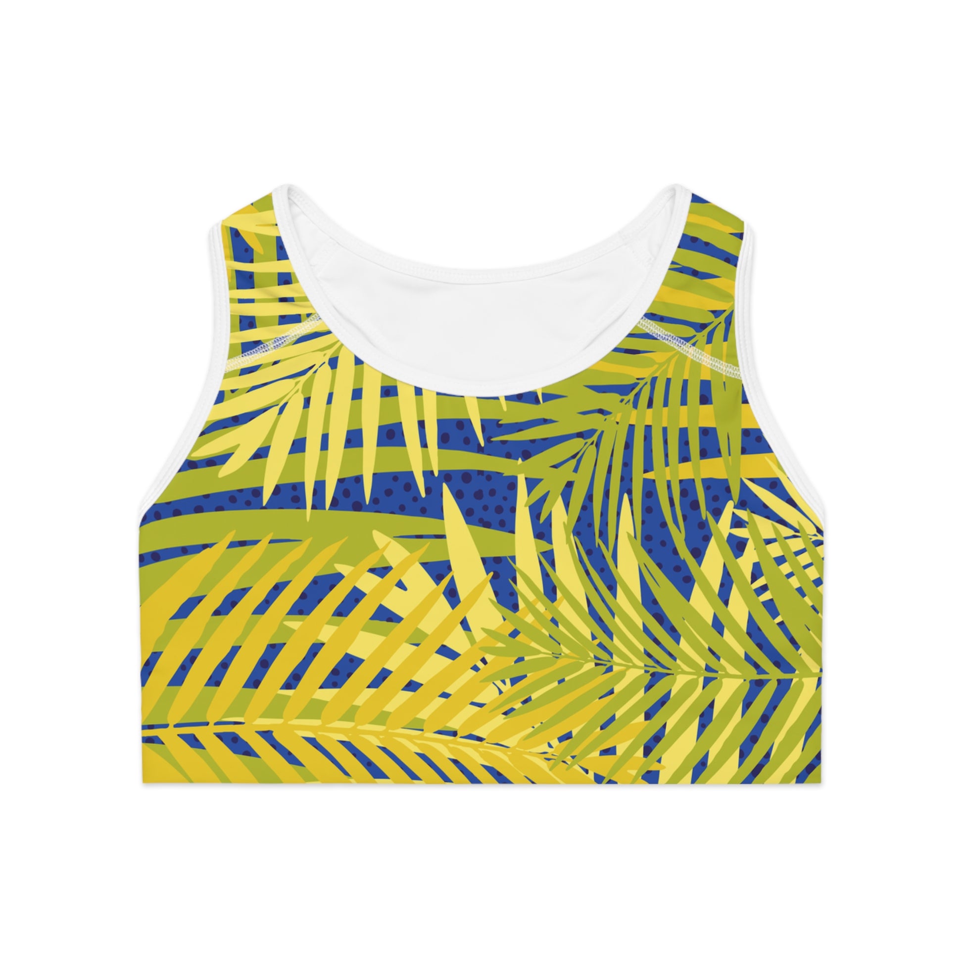Tropical Palm Print Sports Bra — Yellow & Blue Active Crop Top Printify