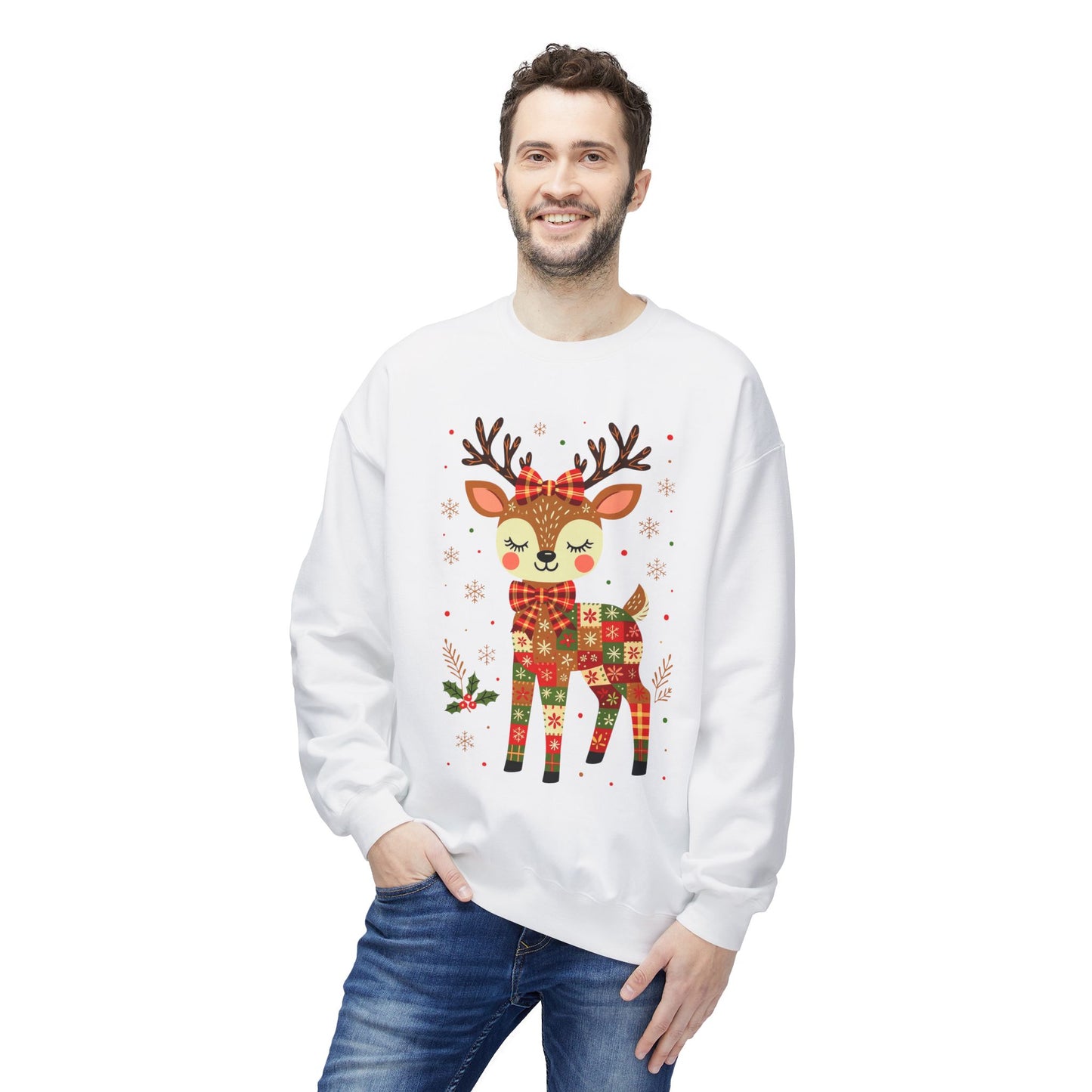 Christmas Patchwork Reindeer Sweatshirt Printify