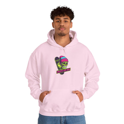 Skate or Die Skull Skateboard Hoodie — Neon Retro Skull Beanie Design Printify