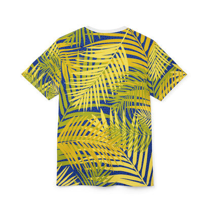 Tropical Palm Leaf All-Over Print Tee — Yellow & Blue Summer T-Shirt Printify