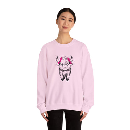 Highland Cow Crewneck Sweatshirt — Cute Yak Illustration with Pink Horns Printify
