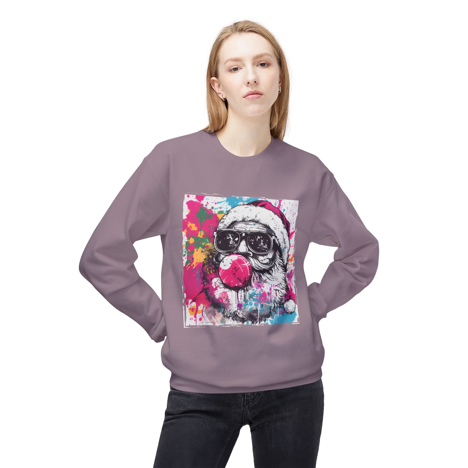 Skull Santa Bubblegum Sweatshirt – Colorful Holiday Graphic Crewneck Printify