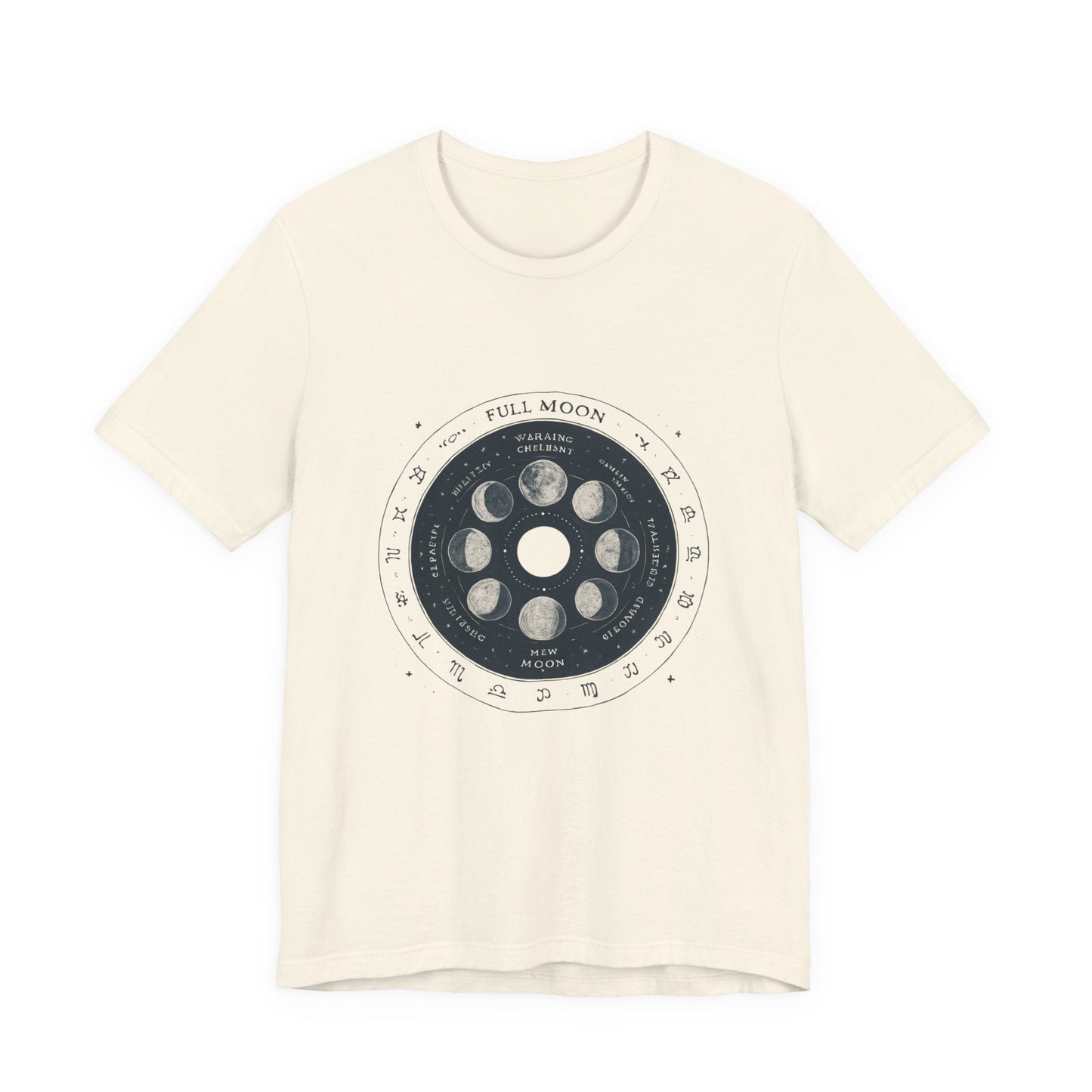 Moon Phases T-Shirt — Illustrated Lunar Cycle Tee (Full Moon, New Moon & Zodiac Icons) Printify