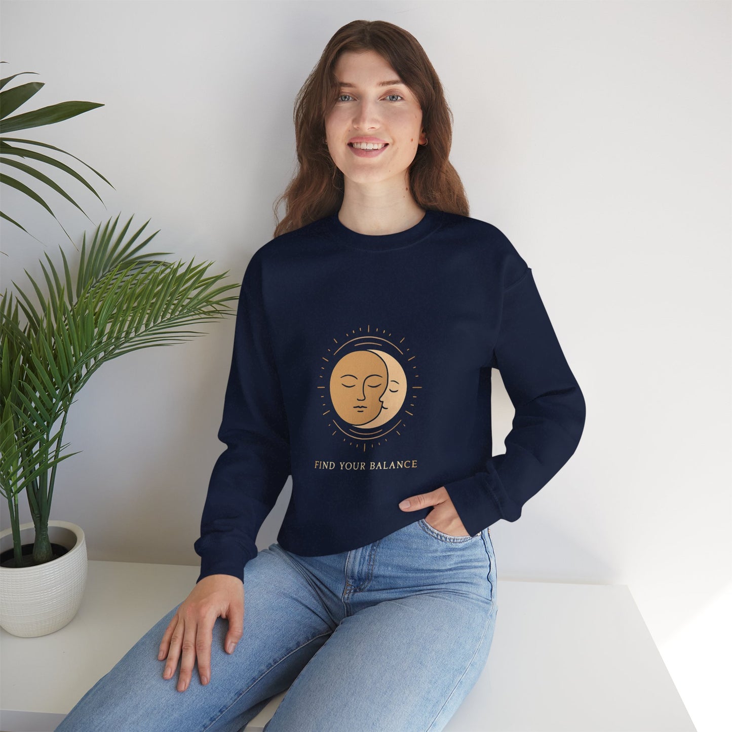 Minimalist Sun & Moon Face Crewneck Sweatshirt — Calm Vibes, Spiritual Graphic Printify