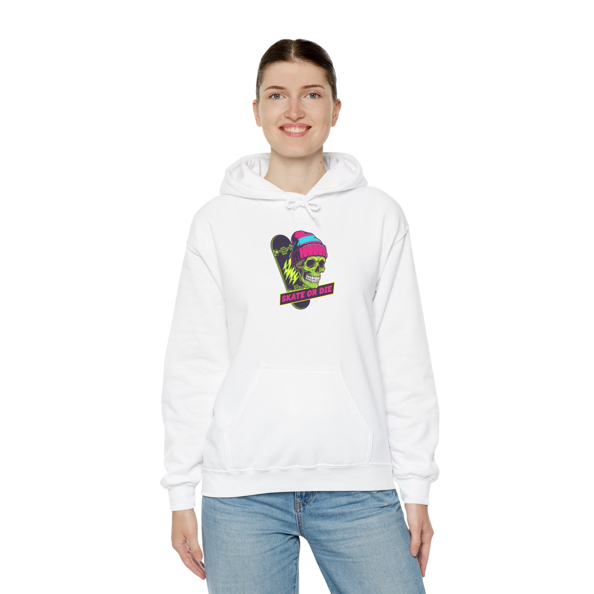 Skate or Die Skull Skateboard Hoodie — Neon Retro Skull Beanie Design Printify