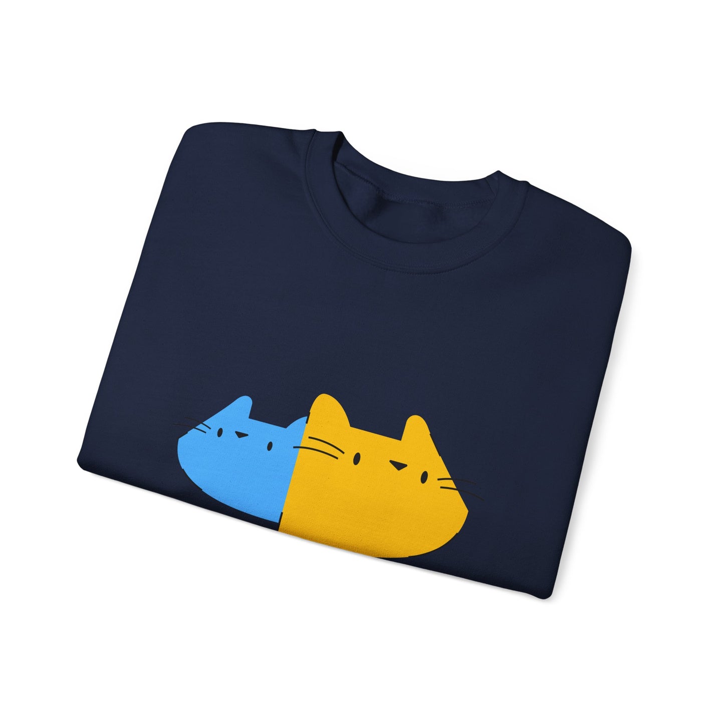 Cat Split Face Crewneck Sweatshirt – Cute Blue & Yellow Cat Graphic Printify