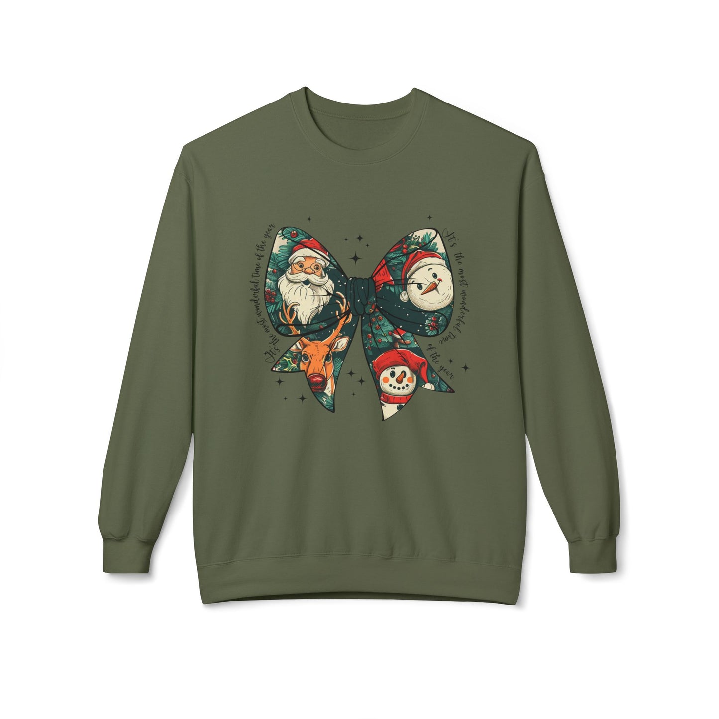 Christmas Bow Sweatshirt — Vintage Santa & Snowman Holiday Crewneck Printify