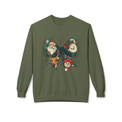 Christmas Bow Sweatshirt — Vintage Santa & Snowman Holiday Crewneck Printify