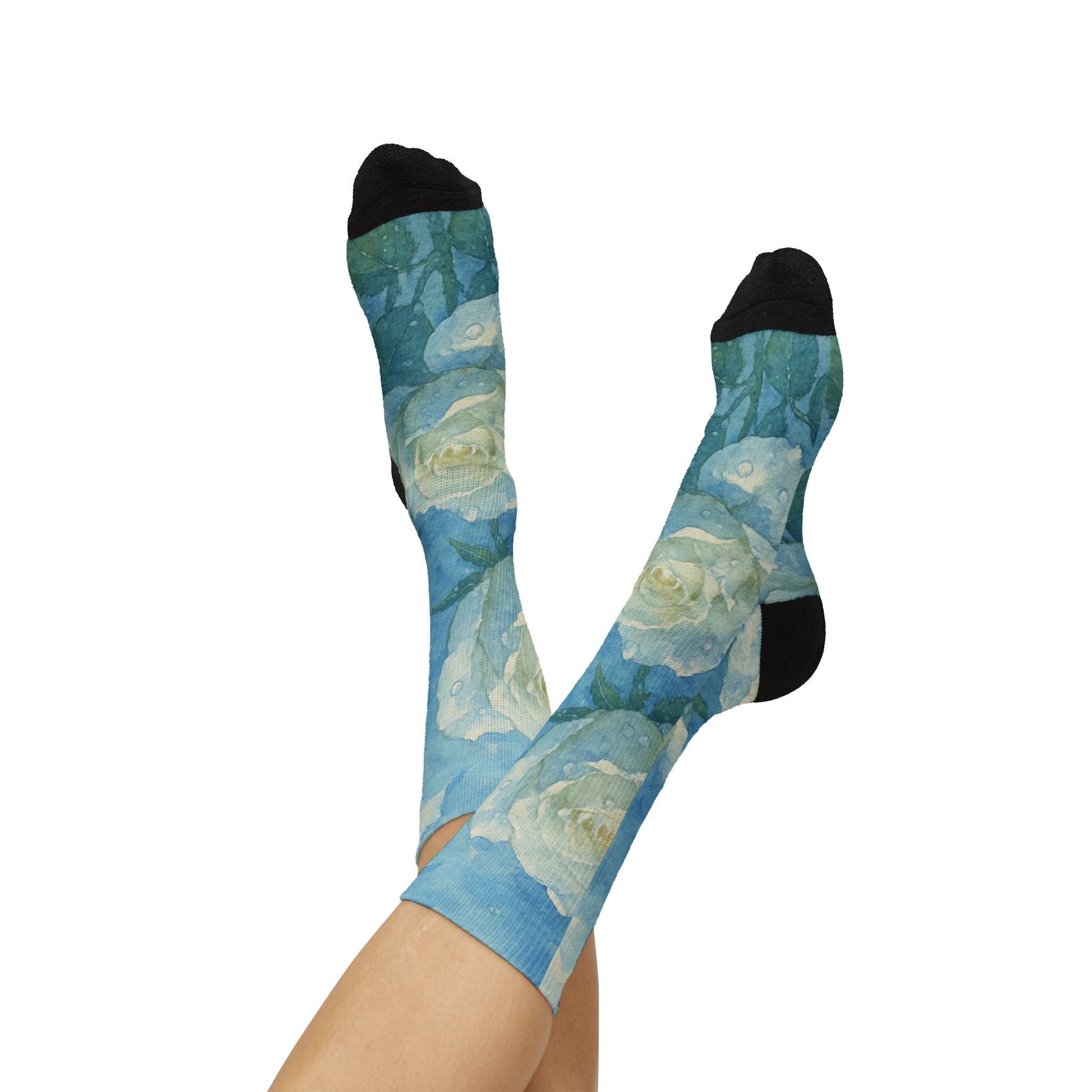 Floral Blue Rose Sublimation Socks — Artistic Vintage Garden Crew Socks Printify