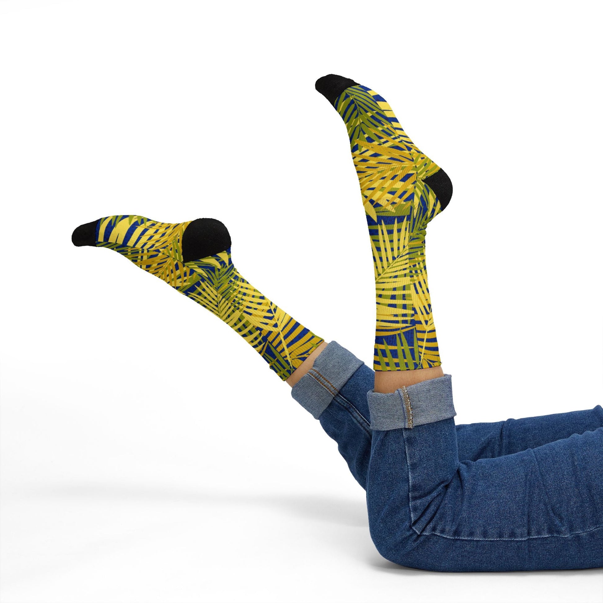 Tropical Palm Pattern Sublimation Socks — Yellow & Navy Leaf Crew Socks Printify