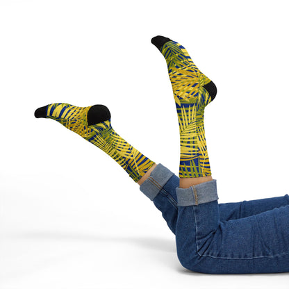 Tropical Palm Pattern Sublimation Socks — Yellow & Navy Leaf Crew Socks Printify