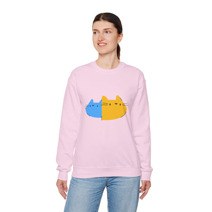 Cat Split Face Crewneck Sweatshirt – Cute Blue & Yellow Cat Graphic Printify