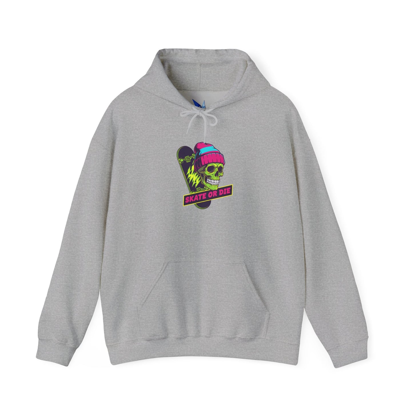 Skate or Die Skull Skateboard Hoodie — Neon Retro Skull Beanie Design Printify