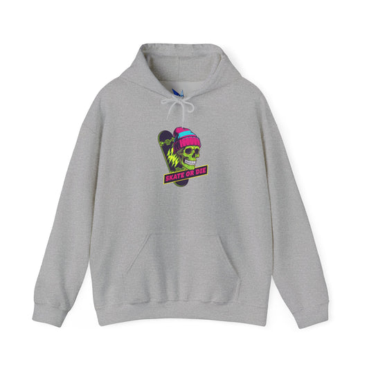 Skate or Die Skull Skateboard Hoodie — Neon Retro Skull Beanie Design Printify