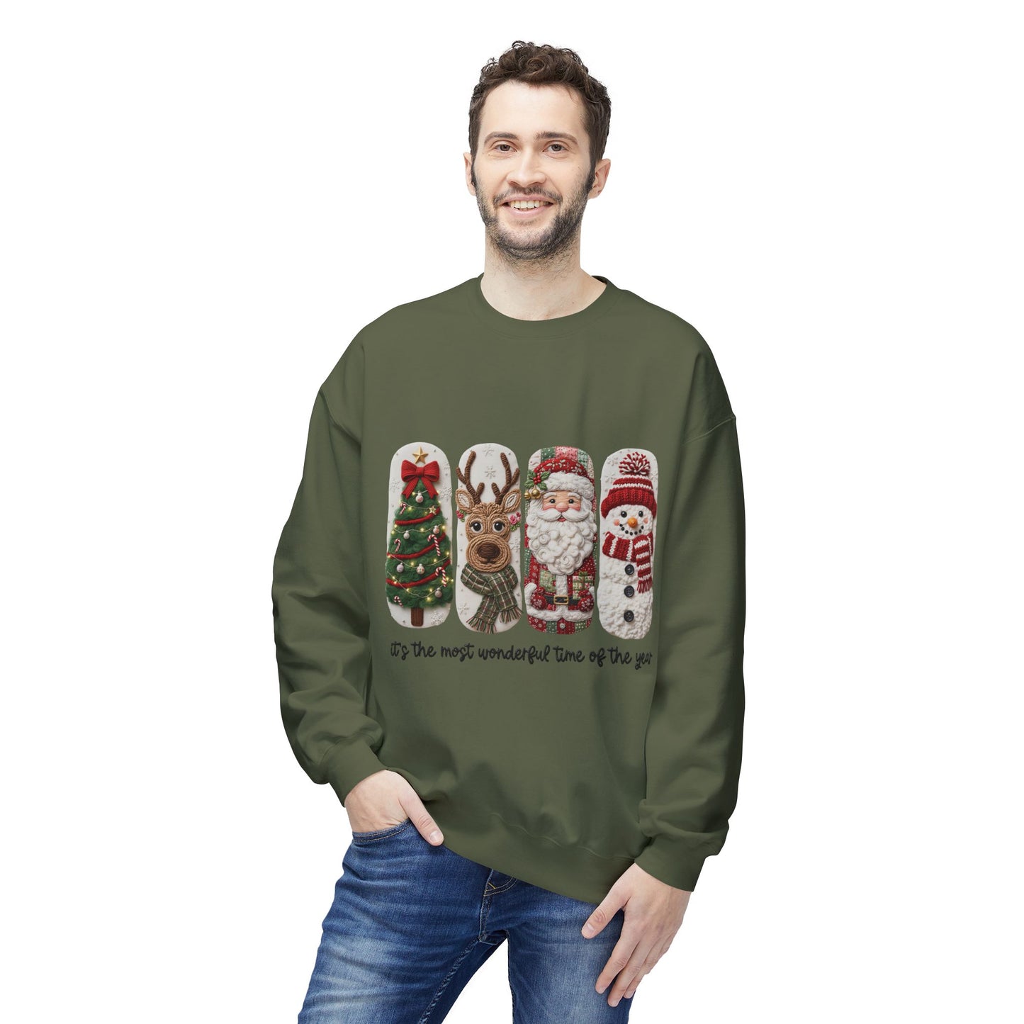 Christmas Crewneck Sweatshirt — Festive Tree Reindeer Santa Snowman Design Printify