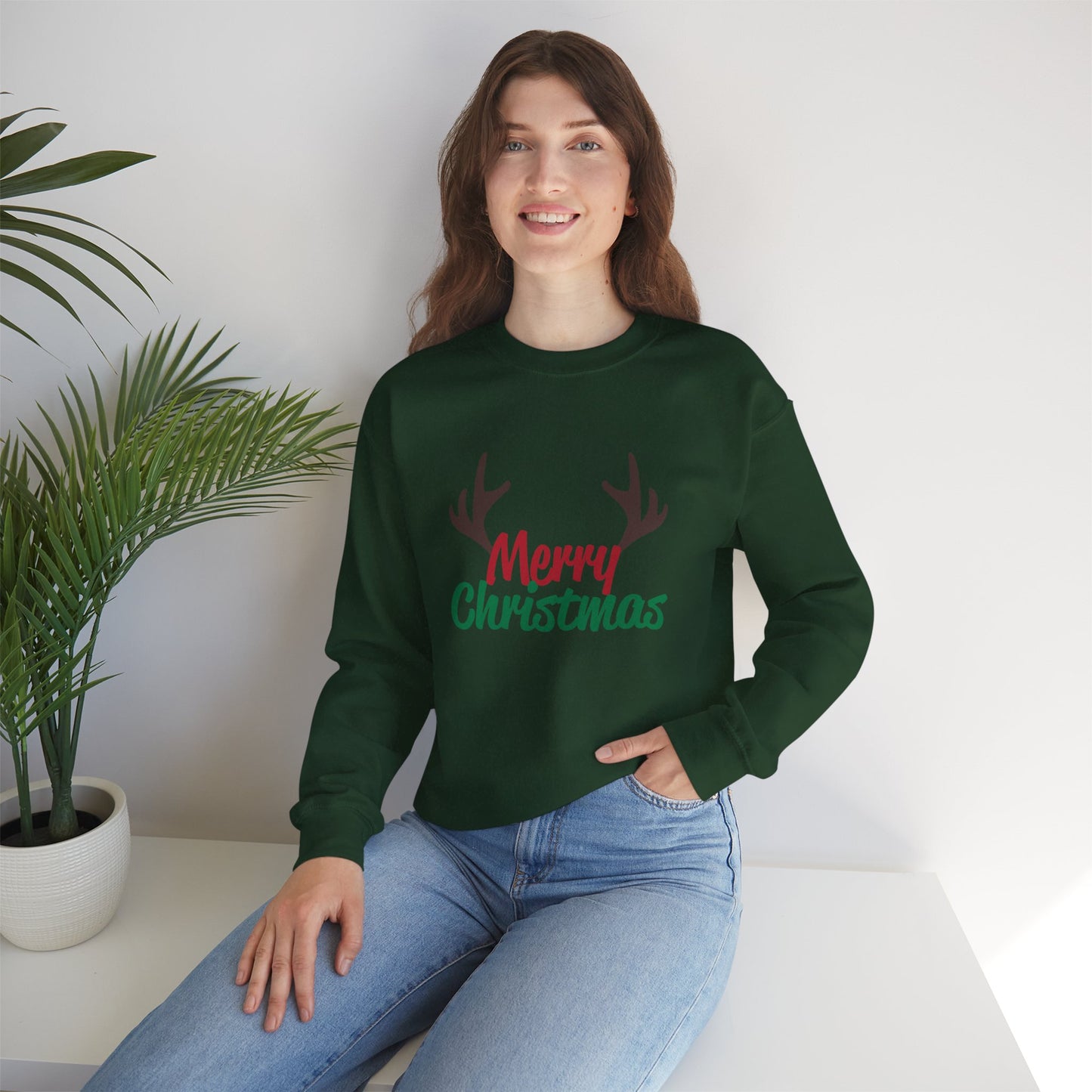 Merry Christmas Reindeer Antlers Crewneck Sweatshirt Printify